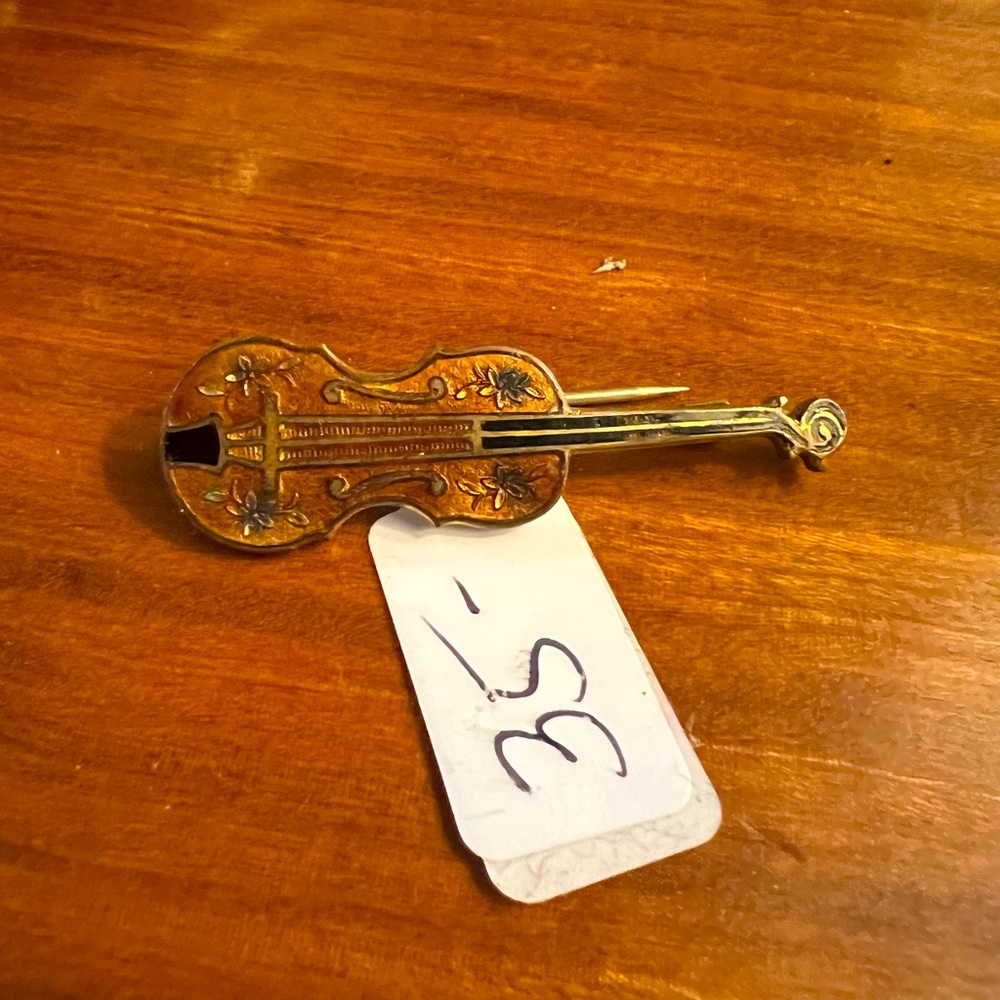 Enameled Violin Brooch
